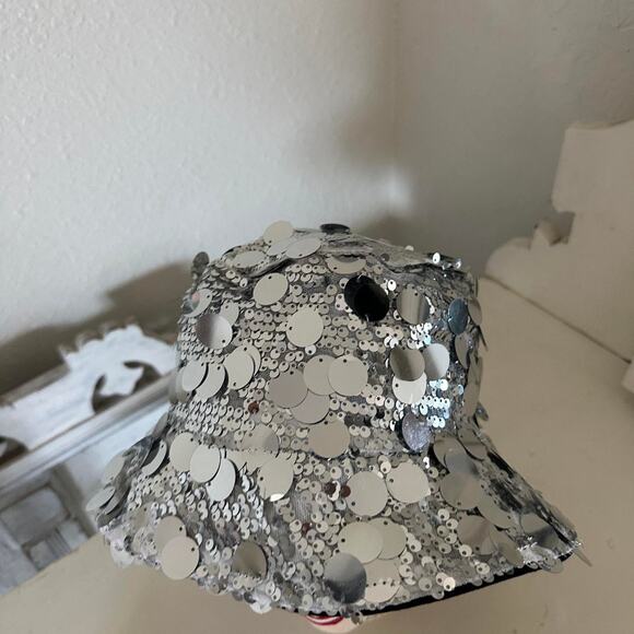Silver Sequin Floral Bucket Hat Black Brim Statement Party Glam Festival Disco - Picture 2 of 2